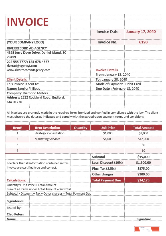 Sample Advertising Agency Invoice Template PSD template